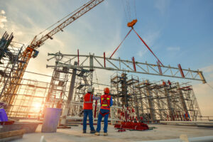 Construction worker truss installation