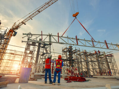 Construction worker truss installation