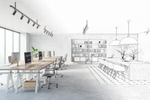 Office interior design project background. 3D Rendering